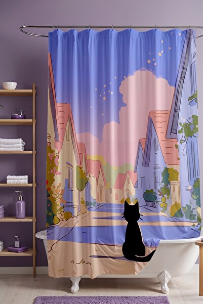 EVPANYA Perdeau de baie, Perdeau de duș cu model Purple Dreams Street, Perdea...