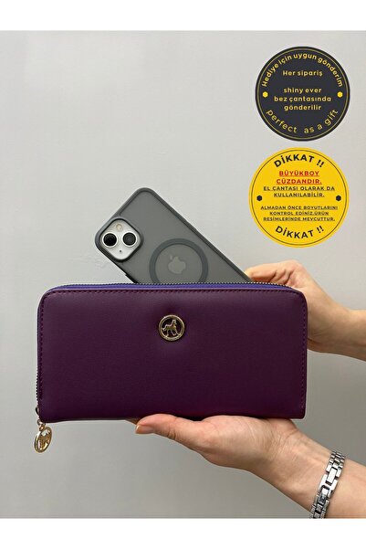 shiny ever Large Size Purple Leather Women's Wallet Handbag with Phone Compar...
