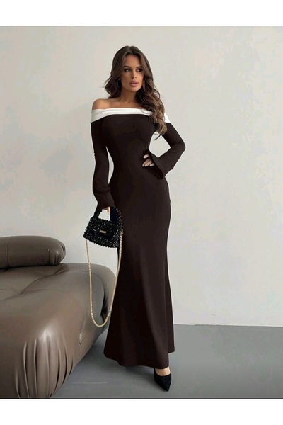 RANO-BOUTİQUE Women's dress with long sleeves and a unique shoulder cut