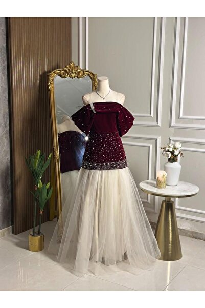 vanus fashion 6784 - فستان مخملي ملكي بتطريز لؤلؤي وتنورة تول منفوشة