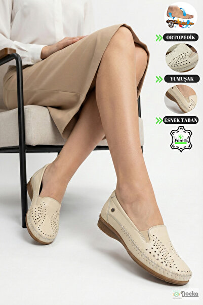 Forelli Kadın Hakiki Deri Düz Taban Ortopedik Şık Yumuşak Yazlık Ayakkabısı F...