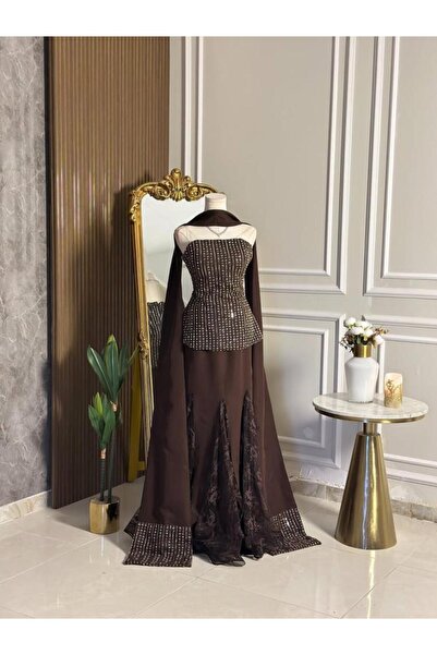 vanus fashion 6827-فستان سهرة شوكولاتي طويل