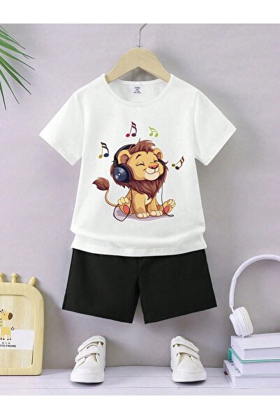 Kids Summer Singing Lion Printed Boys and Girls Black Shorts and White T-Shir...