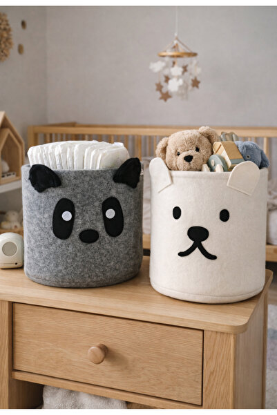 Kids Keçe Panda & Ayıcık Figürlü Bebek Odası Çocuk Odası Kirli Çamaşır Bez Saklama Sepeti