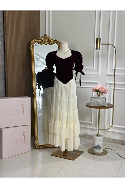 vanus fashion 6973 - فستان عودي بلمسات اوف وايت