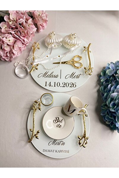 m ticaret Altın Sarısı Nişan Tepsi Seti Altın Sarısı Damat Kahve Tepsisi Çift...