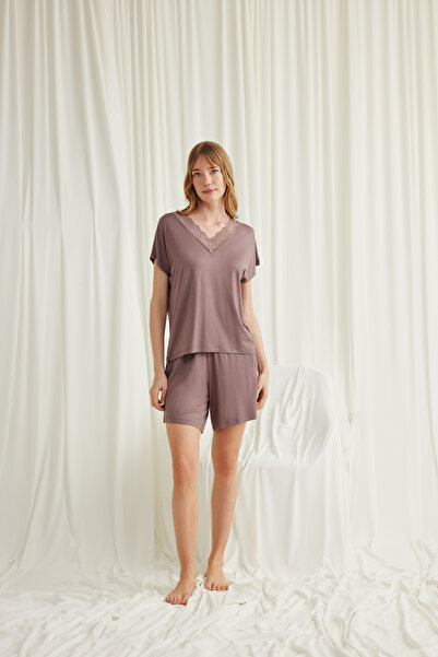 MONAMİSE Women'S, Viscose, Brown, Short Sleeve, Lace, V-Neck Shorts Set