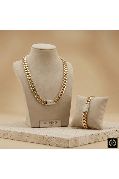 XUPING JEWELRY Vıp Seri 14K Gold Renk Taşlı Kilit Detaylı Kalın Gurmet Zincir...