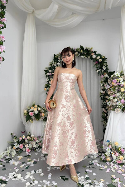 Hollyhocks Satin Jacquard Design Flared Strapless Princess Women's Dress