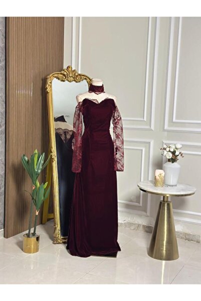 vanus fashion 6795 - Burgundy velvet dress with a touch of femininity