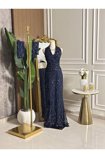 vanus fashion 6862 - فستان سهرة طويل كحلي مغ اكمام خارجية