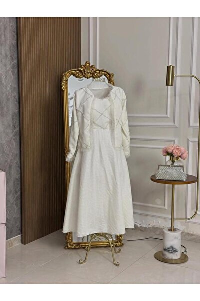 vanus fashion 6964 - فستان ميدي ابيض قطعتين