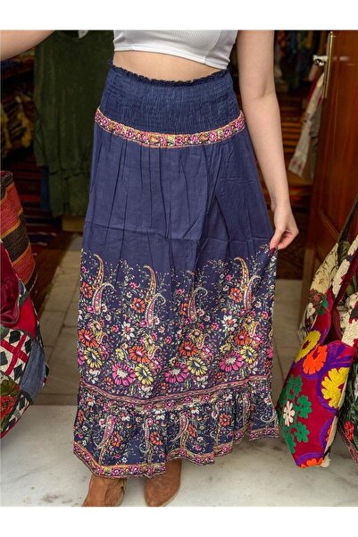 Miss Boheme Navy Blue Color Floral Patterned Ethnic Bohemian Skirt