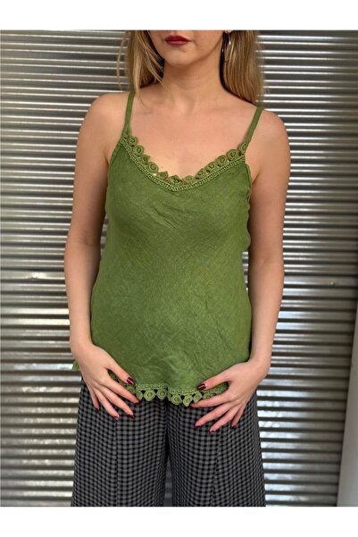 Miss Boheme Green Color Embroidered Linen Thin Strap Blouse