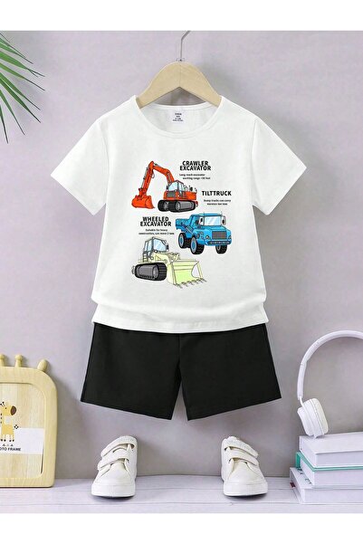 Kids Summer Triple Engineering Machine Printed Boys' Black Shorts and White T...