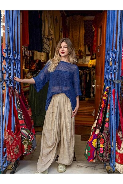Miss Boheme Blue Color Freya Asymmetrical Piece Detailed Mercerized Blouse