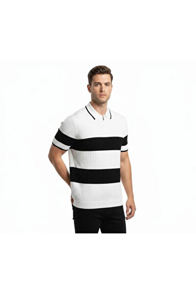 Modayakamoz Men's T-Shirt Striped Knitwear Woven Fabric Polo Collar Half Zipp...
