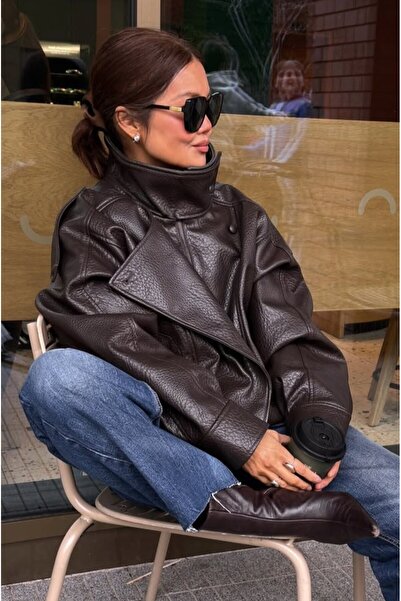 MEECY Women's Zr Model High Collar Zippered Leather Jacket