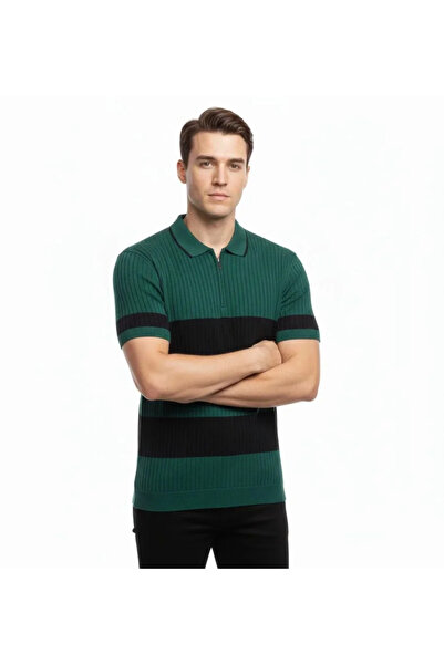 JANES Men's T-Shirt Striped Knitwear Woven Fabric Polo Collar Half Zipper Reg...