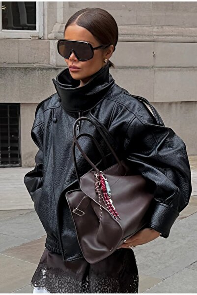 MEECY Women's Zr Model High Collar Zippered Leather Jacket