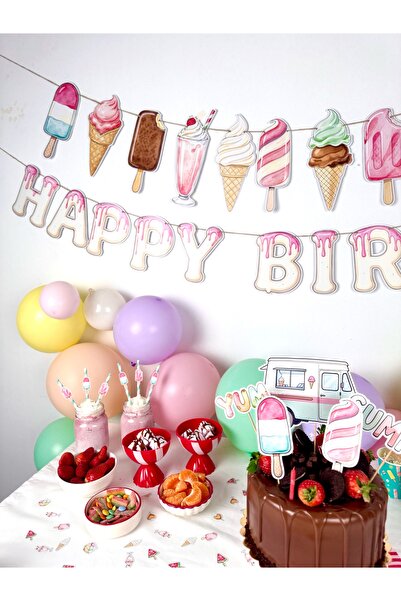 Flu Party لافتة مكتوبة بعبارة "عيد ميلاد سعيد" بتصميم الآيس كريم