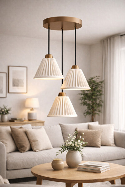 Limon 3D Desing 3’lü Modern Sarkıt Avize Beyaz Başlık Mutfak Yemek Masası Üst...