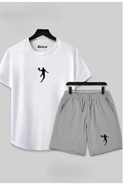 ALCİNOUS Unisex Basketball Player Printed White T-Shirt and Gray Shorts 2-Pie...