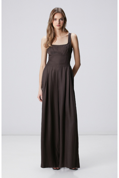 Network Kahverengi Sırt Dekolteli Tulum