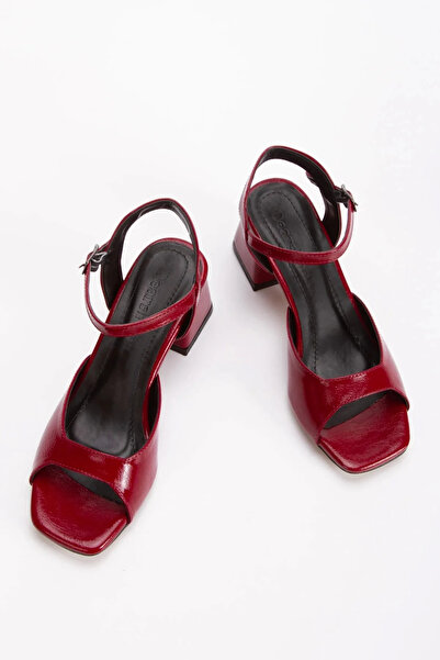 Burando Burgundy Patent Leather Square Toe Casual Heeled Sandals Slippers
