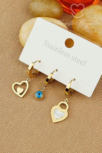 Keyifli Hayaller Çelik Küpe - Kalp Nazar Boncuklu Taşlı Halka Model Çelik Küp...