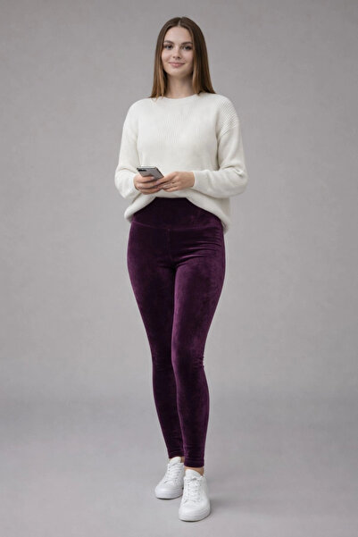 lodmela Yüksek Bel Fitilli Kadife Toparlayıcı Tayt R008-Mürdüm