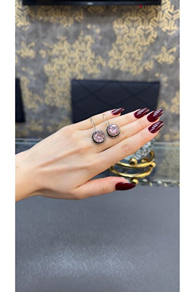 Gümüşhanesi Pembe kuvars taşlı otantik gümüş küpe