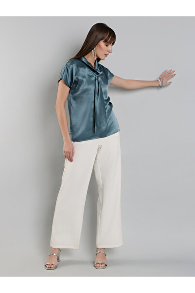 Mish By Styli Blue Tie-Up Neck Satin Top