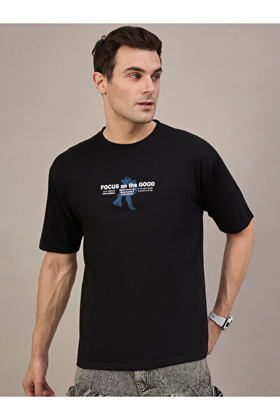 REPRISE By Styli Black Printed Relaxed Fit T-Shirt