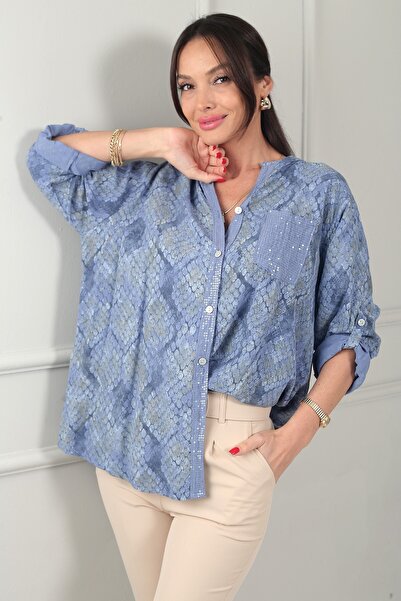 By Saygı Women's Sequin Detailed Single Pocket Imported Printed Pattern Visco...