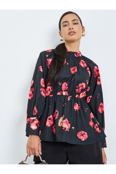 Styli Black Floral Print Long Sleeve Blouse