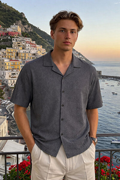 DAMGA JEANS Ανδρικό πουκάμισο Trend Polo Collar Oversize Μαύρο Λινό