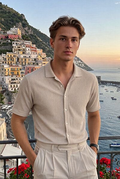 DAMGA JEANS Men's Trendy Polo Collar Oversize Cream Linen Shirt