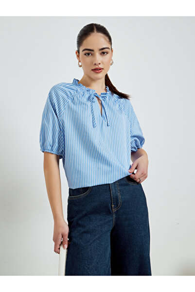 Styli Blue Striped Short Sleeve Blouse
