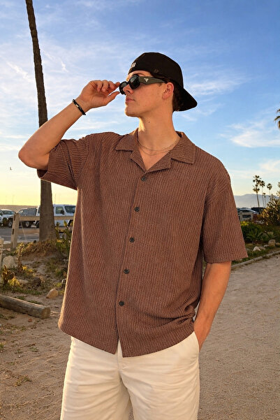 DAMGA JEANS Men's Basic Polo Collar Brown Summer Linen Shirt