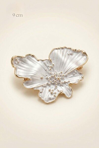 Spazio İncili Çiçek Form Broş 9 cm GÜMÜŞ