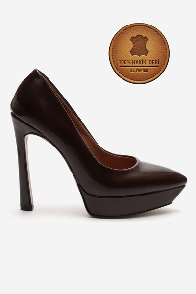 Ayakkabı Ateşi Piele naturală Pantofi de damă maro din piele lacuită cu toc ș...