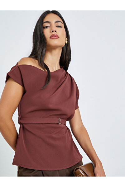Styli Brown One-Shoulder Blouse with Belt Detail