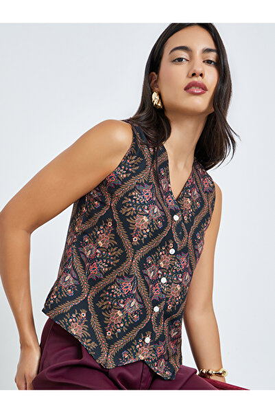 Styli Black Floral Print Sleeveless Waistcoat