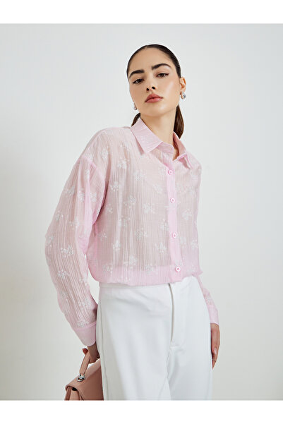 Styli Pink Textured Floral Print Long Sleeve Shirt