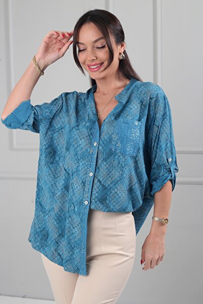 By Saygı Women's Sequin Detailed Single Pocket Imported Printed Pattern Visco...