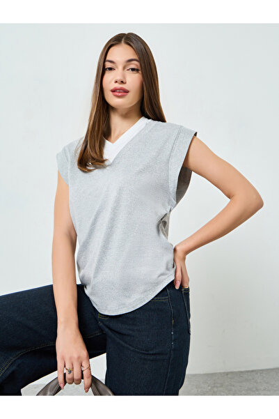 Styli Grey Contrast Neckline Sleeveless T-Shirt
