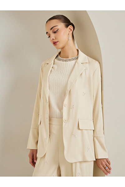 Styli White Embellished Long Sleeve Blazer