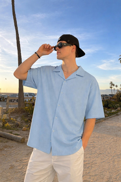 DAMGA JEANS Ανδρικό πουκάμισο από λινό καλοκαιρινό μπλε λινό με βασικό γιακά ...