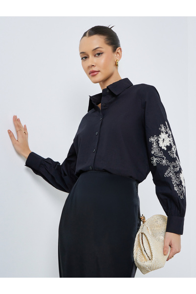 Styli Black Embroidered Long Sleeve Shirt